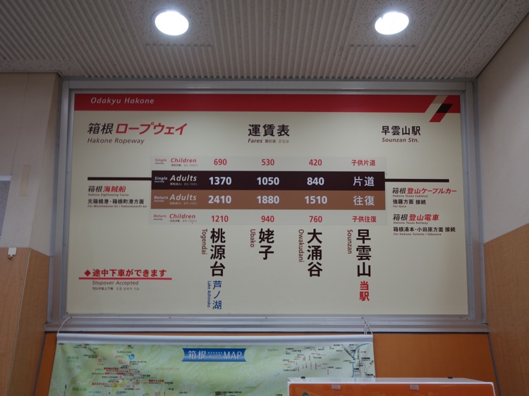 箱根ロープウェイの運賃表